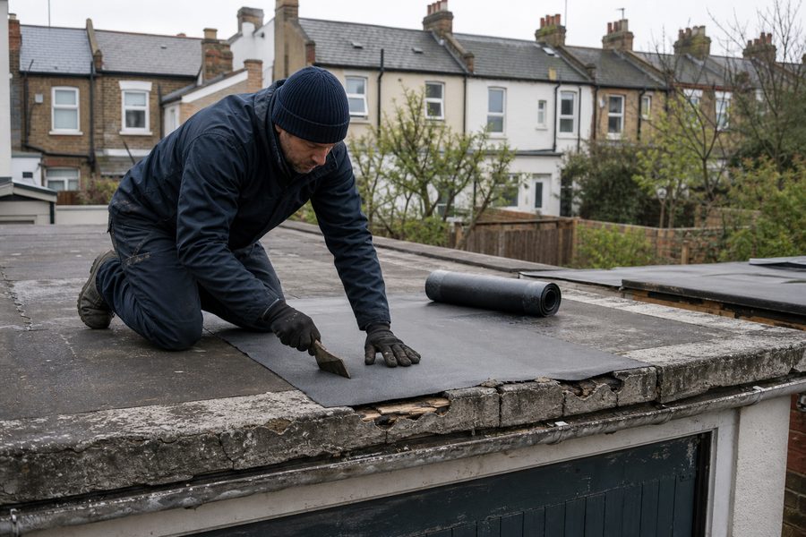 Roofer repairing an ageing felt roof in East Ham