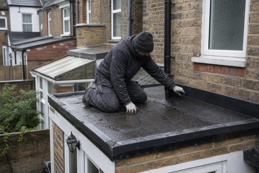 Roofer checking a flat roof on an East Ham rear extension