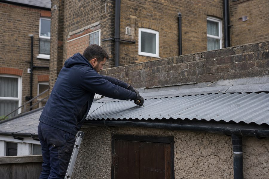 Repair work on a small metal roof section in East Ham