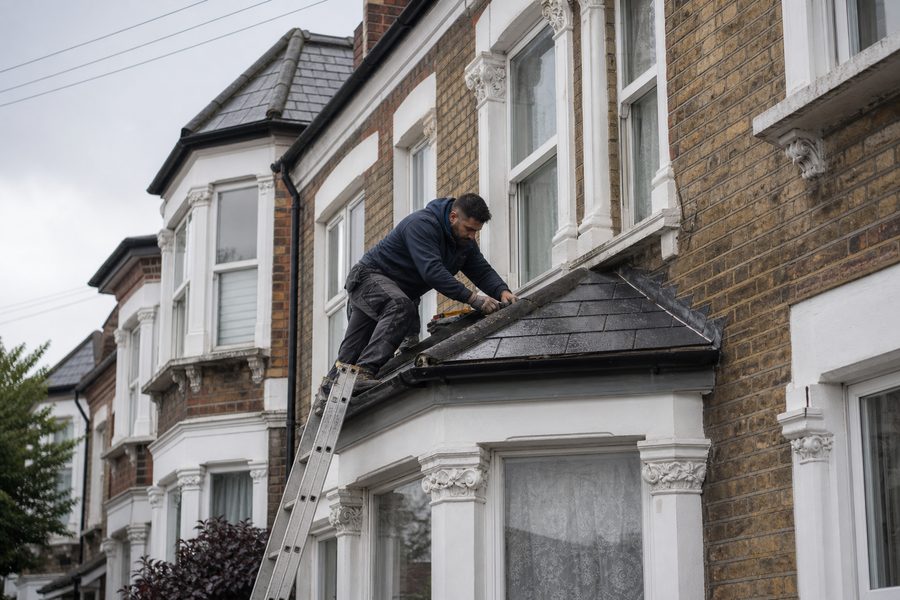 Roof repair scene on housing in Forest Gate
