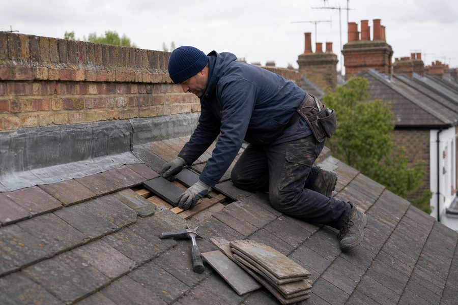 Tile and slate roof repair in East Ham Repairs taking place on a tiled roof in East Ham